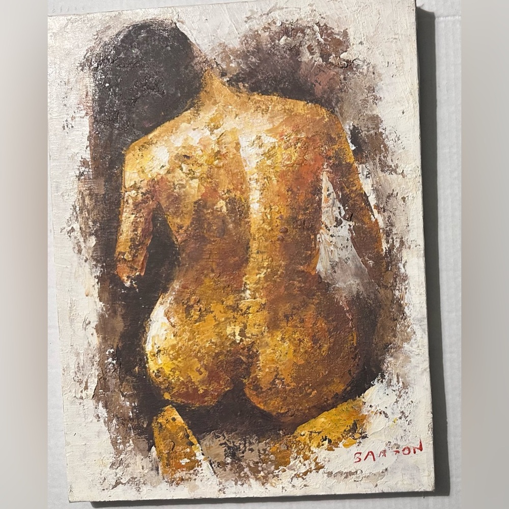 12 x 16 Vintage MCM Edward Barton Oil Painting Nude Woman Kneeling Back Side